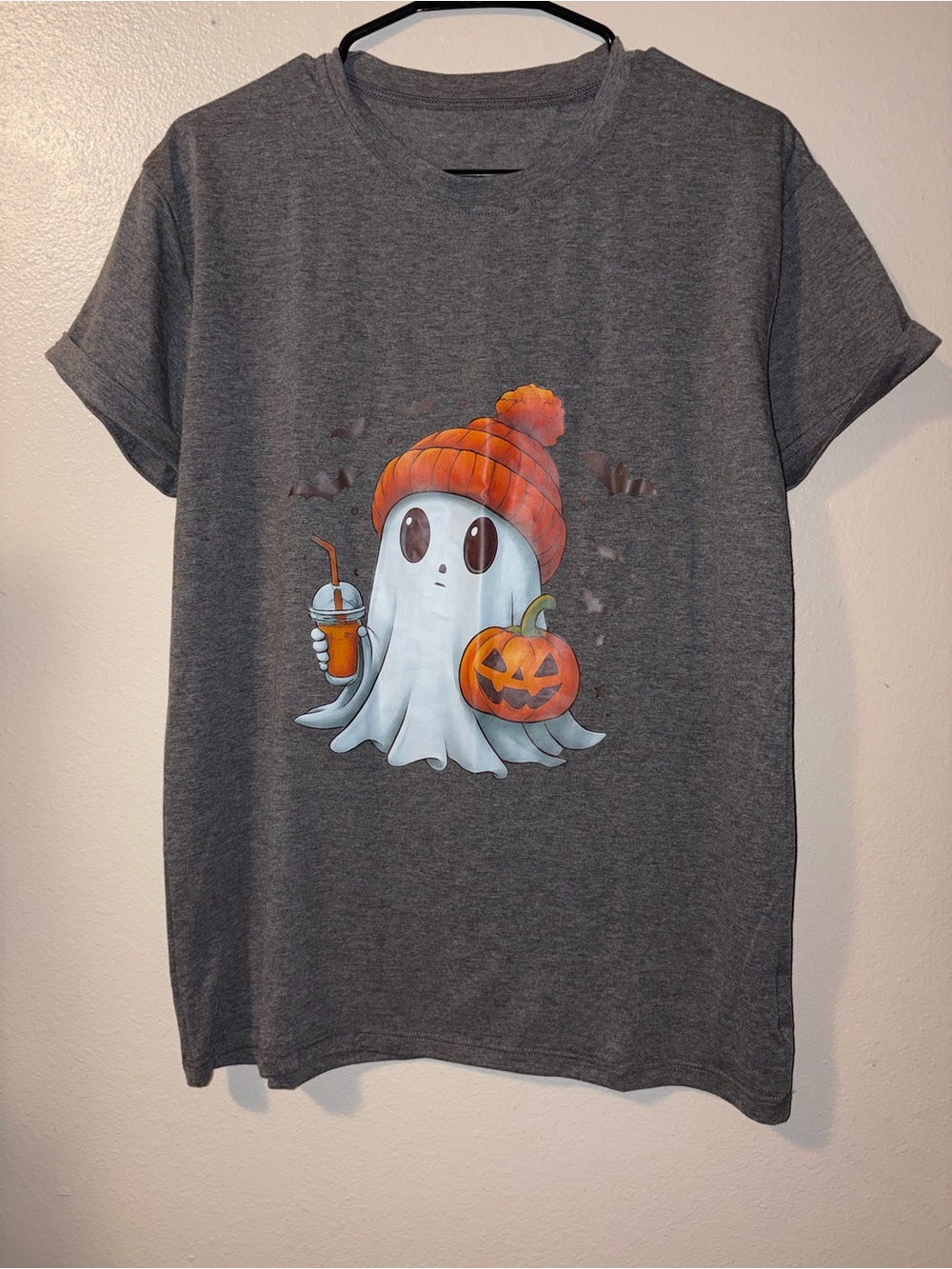 Gray Halloween Ghost T-Shirt with Pumpkin Graphic women’s